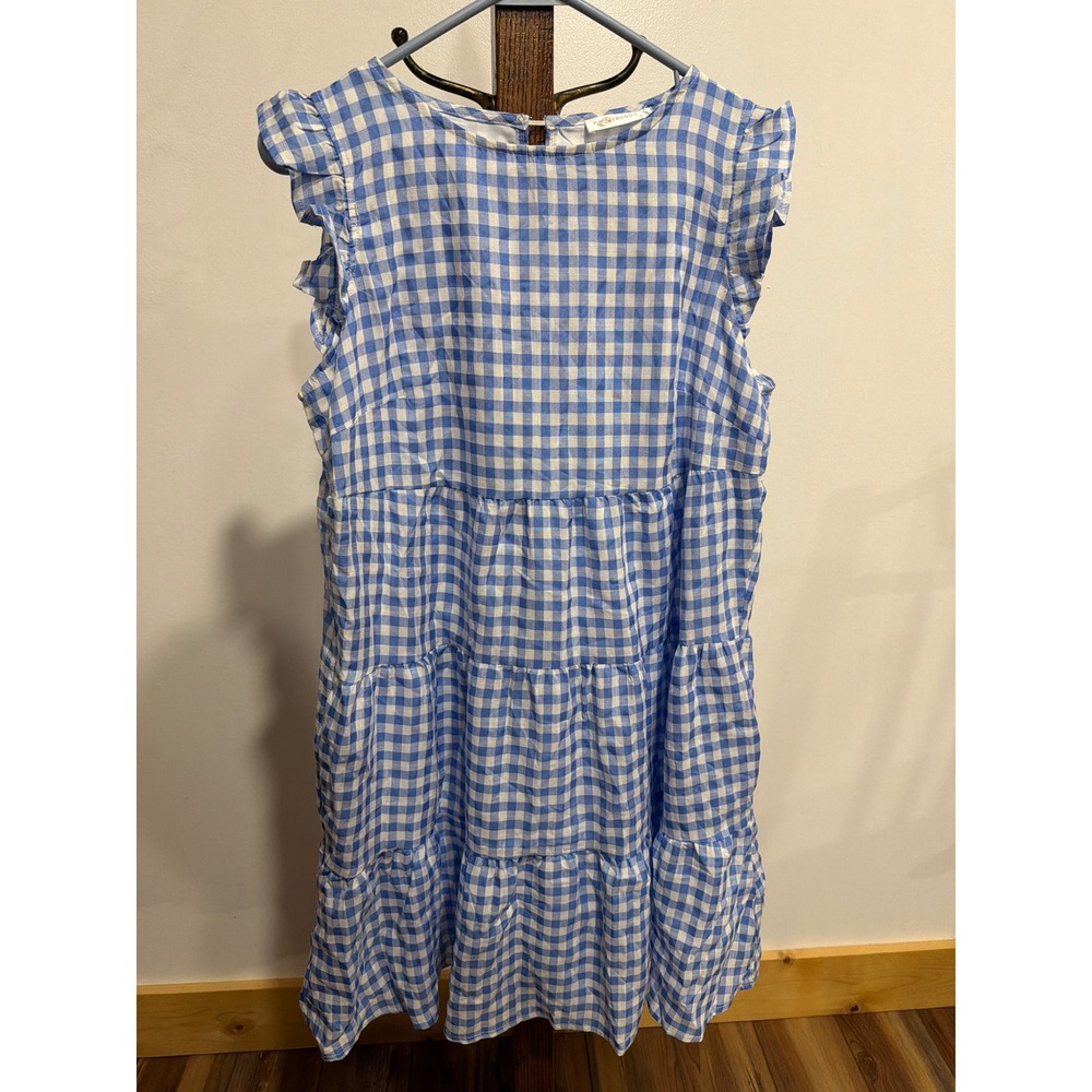 Kirundo Blue White Gingham Tiered Mini Dress Ruffle Sleeveless Pockets M Picnic